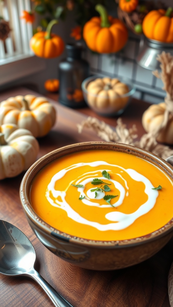 A bowl of vegan butternut squash soup, garnished with herbs and coconut milk, on a wooden table.